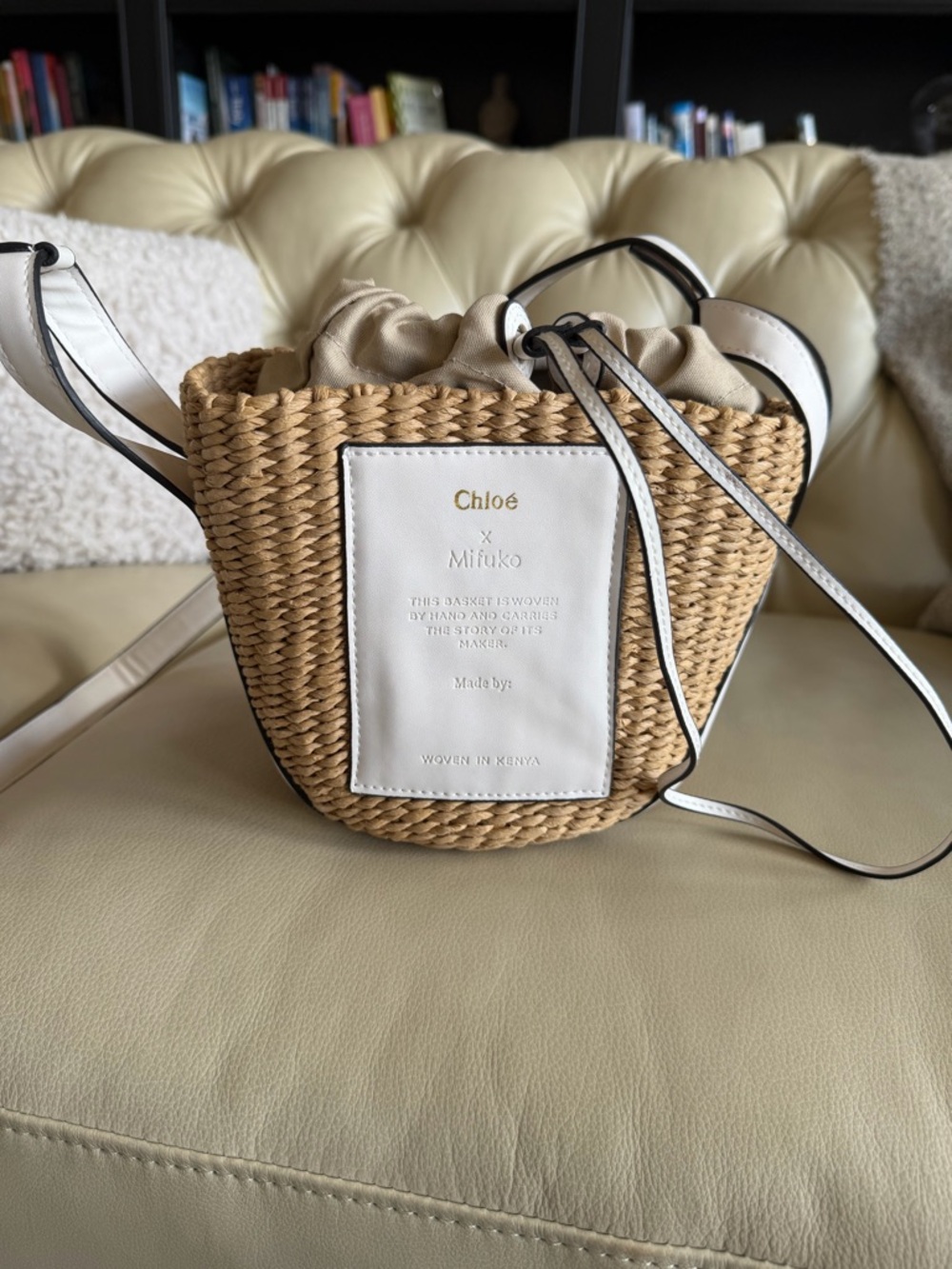 Straw Drawstring Crossbody Bag in Natural/White - Picture 1 of 6